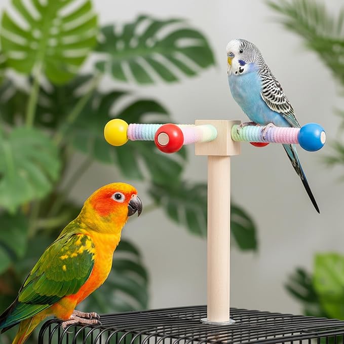 Rotating Parrot Perch Toy with Chew Ball - Bird Cage Accessories for Small and Medium Birds - Natural Wood and Cotton Rope Parakeet Toys and Accessories