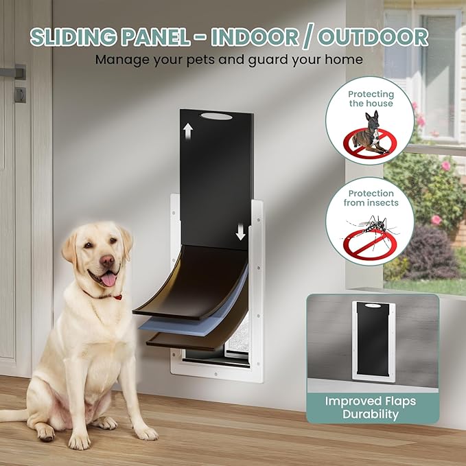 Dog Door 3 Flap, Plastic Dog Door for Wall, Large Doggy Door, Dogie Door for Interior & Exterior Walls, Magnetic Flaps, Insulation Flap, Closing Panel, Pet Door for Pets Up to 110lbs(Large)