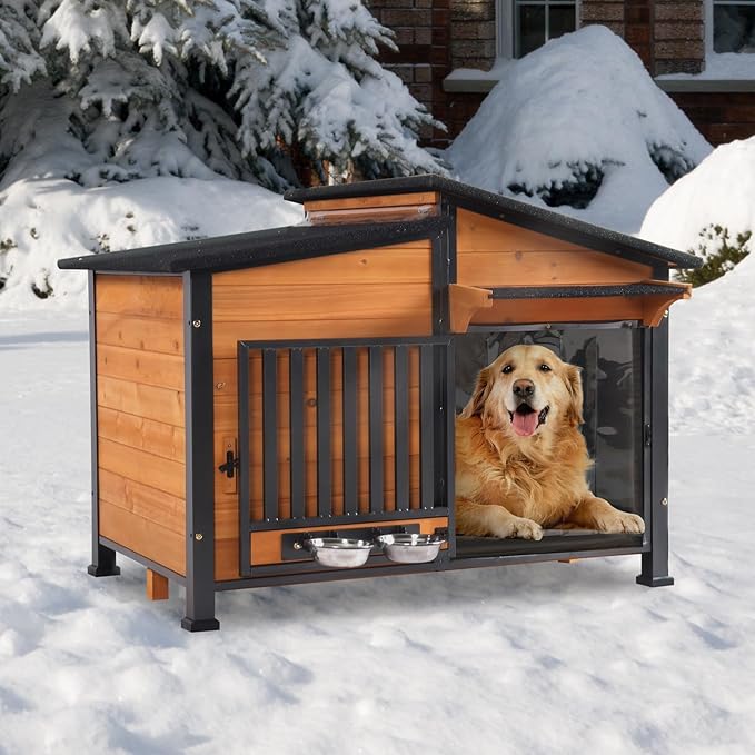 GUTINNEEN Large Heated Dog House Outdoor Insulated Dog Kennel Weatherproof with Safe Heating Pad, Full 6-Sided Insulation, Chew-Proof Metal Frame, Rotatable Spill-Proof Bowl for Large Dog Breeds