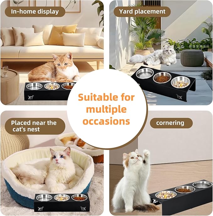 Elevated cat Bowls with Non-Slip Base, 15°Tilted Integrated Stand Anti Vomiting Raised Cat Dishes, Includes 3 Stainless Steel Bowls for Food and Water, Suitable for Cats and Small Dogs.