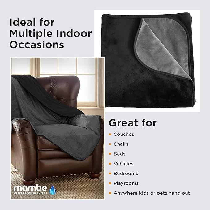 Mambe Silky Waterproof Throw for Protecting Furniture Bed Couch from Stains Caused by Dogs, Cats, Incontinence. Soft, Washable, Reversible. (Size Small 2-Pack 30x35 inches, Color Black/Charcoal)