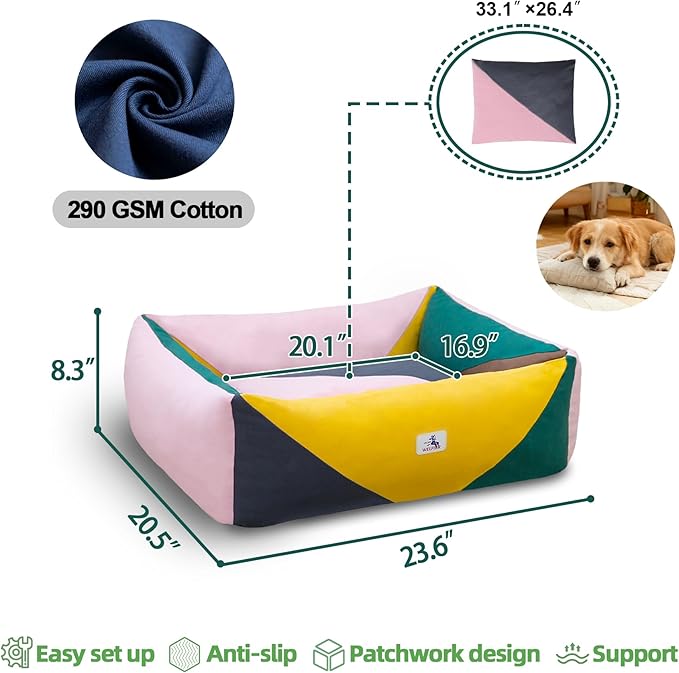 Washable Rectangle Dog Bed with Removable Cover, Color-Block Gingham Cotton Puppy Sofa, Breathable Scratch Resistant Pet Bed, Small