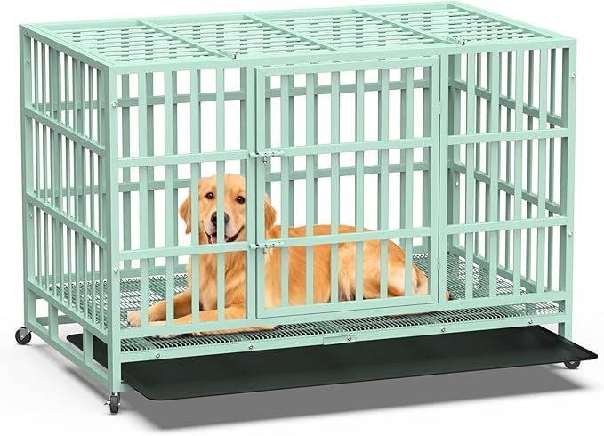 48 Inch Heavy Duty Dog Crate, Indestructible Escape-Proof Dog Kennel for High Anxiety Large Dogs, Strong Metal Pet Cage with Double Doors, Lockable Wheels & Removable Tray, XL XXL XXXL