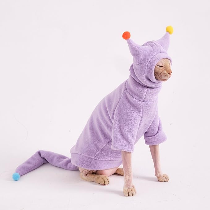 Sphynx Cat Clothes, Warm Cat Jumpsuit with Hat and Tail Cover, Full Set for Hairless Cats, Cornish Rex and Devon Rex (Purple, L(6.5-8lbs))
