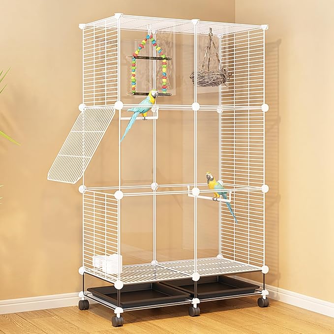 49 Inch 3-Tier Big Bird Cage with Food & Water Bowls Parakeet Bird Cage with Stand, Wheels Metal Birdcage Parrot Cage for Parakeet, Lovebirds, Ringneck, Cockatiels (Clear, 3-Tier-Roofless)