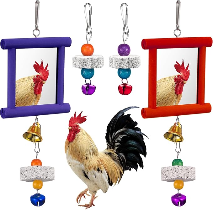 Sumind 2 Pieces Chicken Mirror Toys Hanging Swing Mirror with Bell Wooden Pecking Toy and 4 Pieces Beak Grinding Molar Stones for Hens Birds Parrots(Red,Purple)