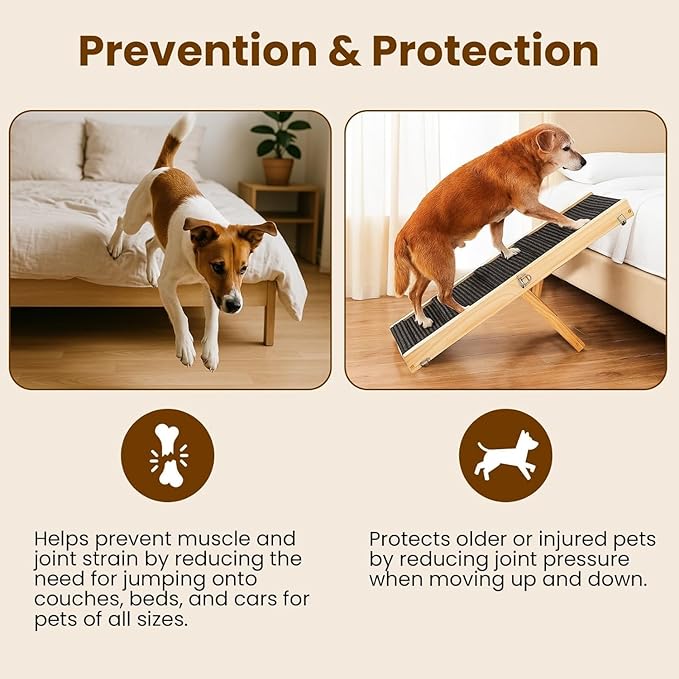 Adjustable Dog Ramp for Bed & Couch, 40.5 Inches Solid Wood Foldable Pet Ramp for All Dogs, Dog Bed Ramp with 5 Heights 10–24 Inches