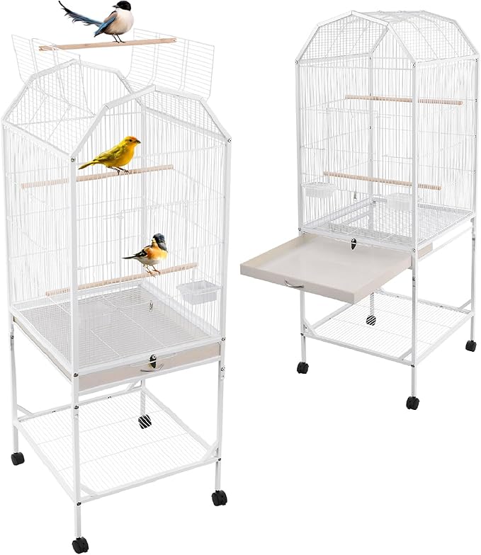 Large Bird Cage with Stand & Wheels, Freestanding Parakeet Birdcage, 53.5 Inch Bird Flight Cages for Parrot Canaries Cockatiels Budgie Parrotlet (White-B)