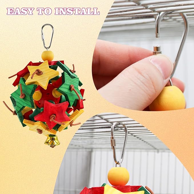 Interactive Bird Toy with Wooden Star Blocks & Leather Knots – Hanging Foraging Ball with Bell for Parrots, Cockatiels, Conures | Cage Climbing & Beak Exercise Toy