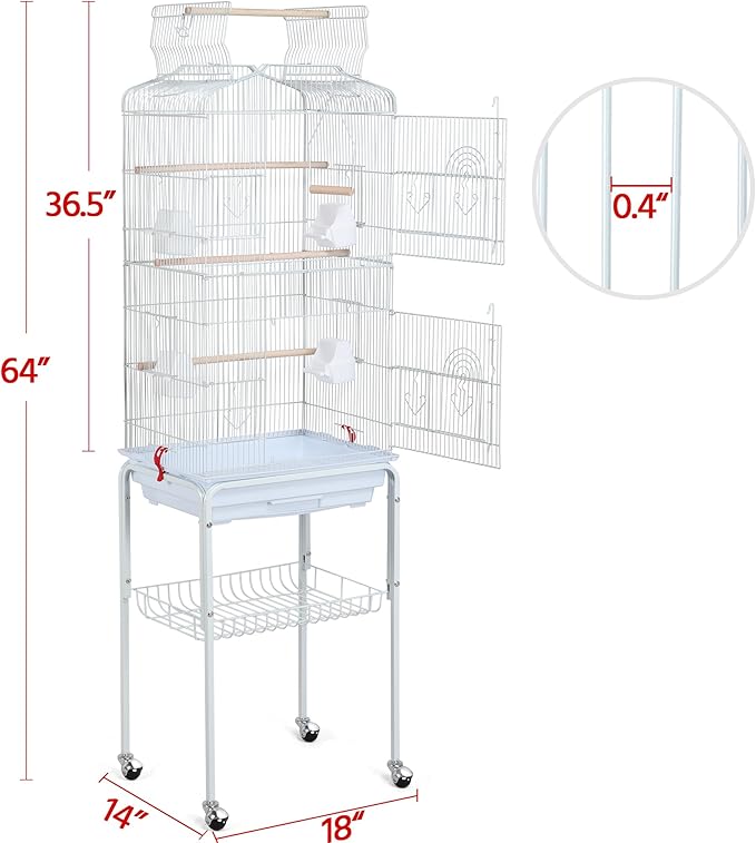Yaheetech 64-inch Open Play Top Bird Cages for Parakeets Cockatiels Finches Lovebirds Canaries Conures Budgies Parrot Birdcage w/Detachable Rolling Stand, White