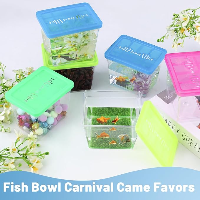 25 Pack Plastic Fish Bowl with Lids, 12 Oz Small Rectangle Gold Fish Tank, Fishbowl Candy Bowl, Tarantula Enclosure Snake Breeding Case, Mini Fish Box for Pets