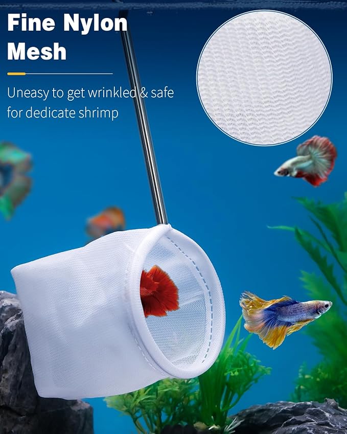 Pawfly 3 Inch Aquarium Shrimp Net, Tiny Fish Tank Net with Extendable Stainless Steel Handle, Soft Round Fine Mesh for Baby Fish, Food Residue, and Debris Skimming in Small Ponds & Tanks