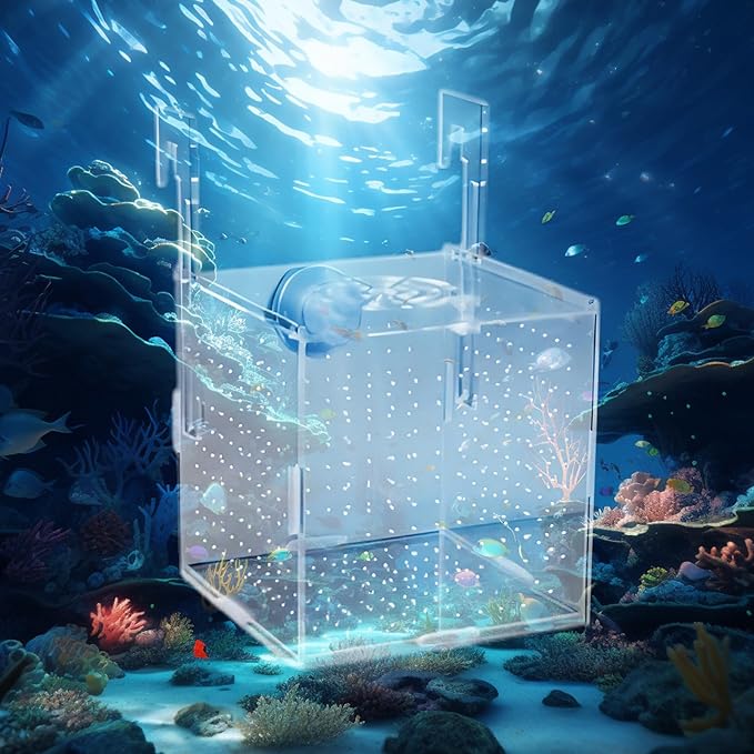 Acrylic Fish Breeding Box for Tank, 5.9×5.9×5.9in Fish Breeder Box for Aquarium with Suction Cups, Aquarium Breeding Box with Coral for Small Baby Fishes Shrimp Clownfish