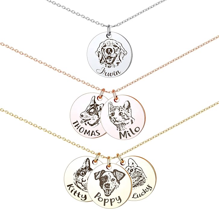 Anavia Personalized Pet Portrait Necklace, Handmade Memorial Jewelry Gift, Custom Round Disc Photo Engraved Necklace for Animal Lovers, Dog Mom, Dog Dad