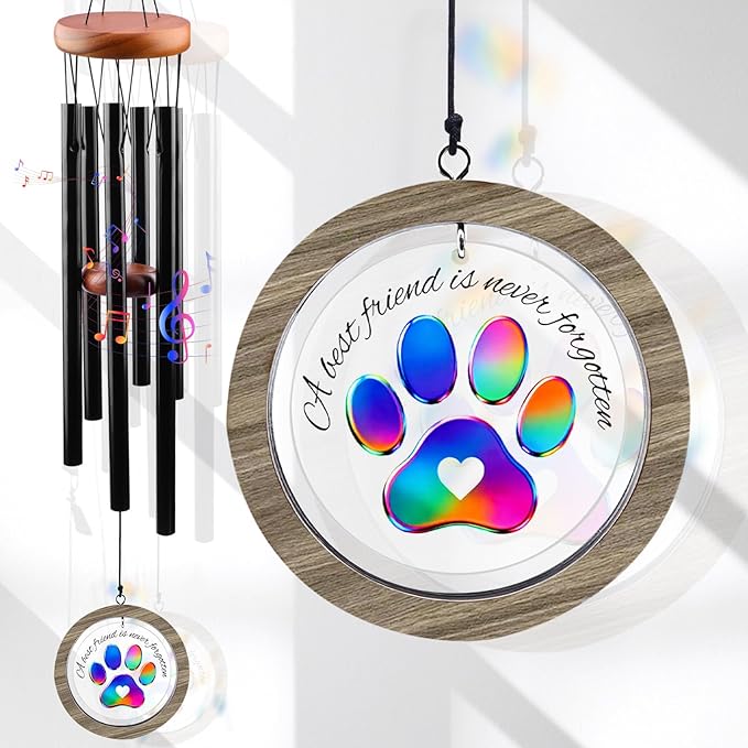 Pet Memorial Wind Chime – Dog Memorial Gifts for Loss of Pet, Loss of Pet Sympathy Gift, Pet Remembrance Bereavement Gift (Colorful Paw)