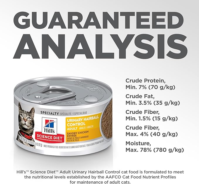 Hill's Science Diet Urinary Hairball Control,Adult 1-6,Urinary Track Health & Hairball Control Support,Wet Cat Food,Chicken Minced,2.9 oz Can,(Pack of 48)