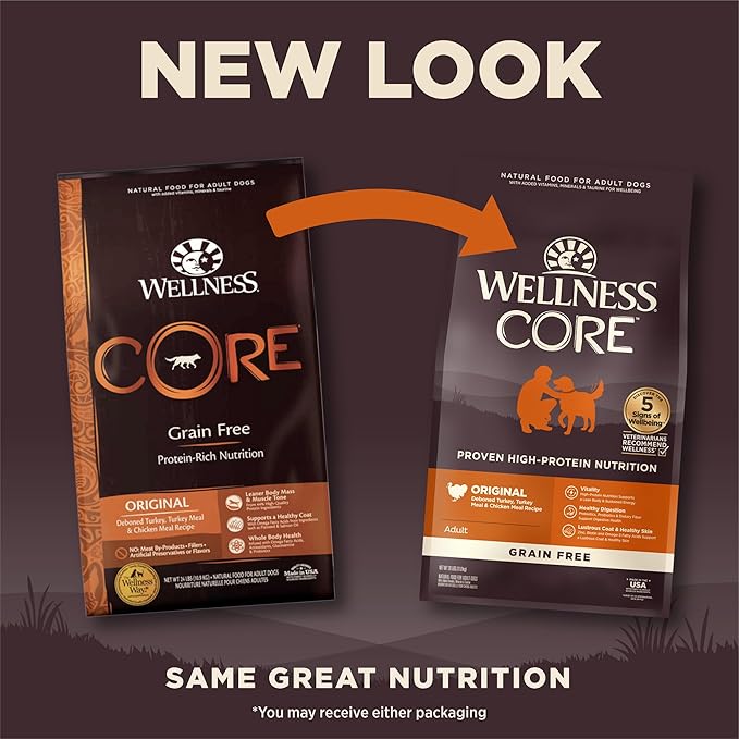 Wellness CORE Adult Dry Dog Food, Grain Free Kibble, Natural, High Protein, Turkey and Chicken Recipe, 26 lb Bag