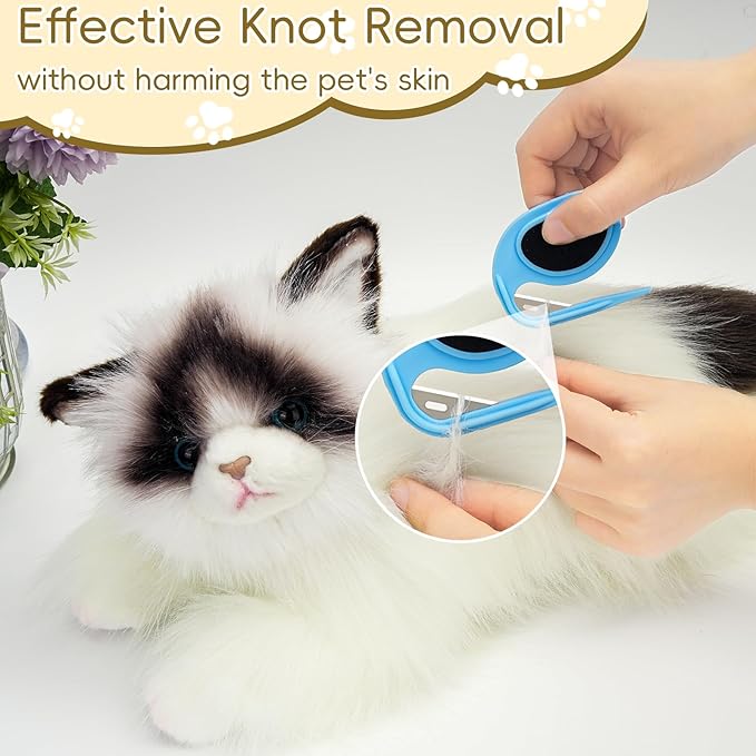 4Pcs Cat Dematting Comb Set - Safe Hidden Blade Pet Knot Remover for Matted Fur, No Scratch Grooming Detangling Tool for Dogs & Cats, Non-Slip Handle