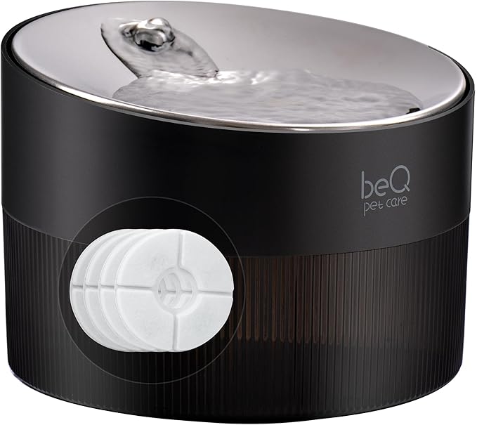 beQ Cat Water Fountain, 84oz/2.5L Stainless Steel Automatic Pet Fountain Water Dispenser with 4pcs Replacement Filters for Cats, Dogs, Multiple Pets Drinking Bowl, Indoor Ultra-Quiet Smart Pump, Black