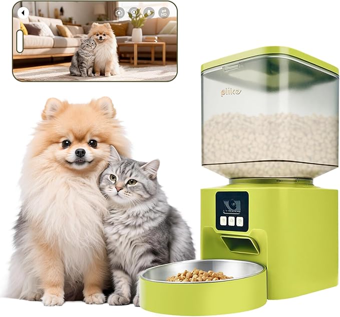 Plike Automatic Pet Feeder with Camera & App Control - Dual-Band WiFi (2.4G & 5G), 2-Way Audio, Night Vision, Anti-Clog Design, 4L Food Dispenser with Stainless Steel Bowl for Cats and Dogs