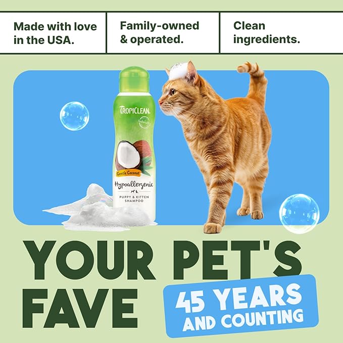 TropiClean Gentle Kitten & Cat Shampoo, Pet Shampoo for Allergies & Sensitive Skin, Made in USA, Gentle Coconut Scent, Safe for Puppies & Dogs, 12oz.