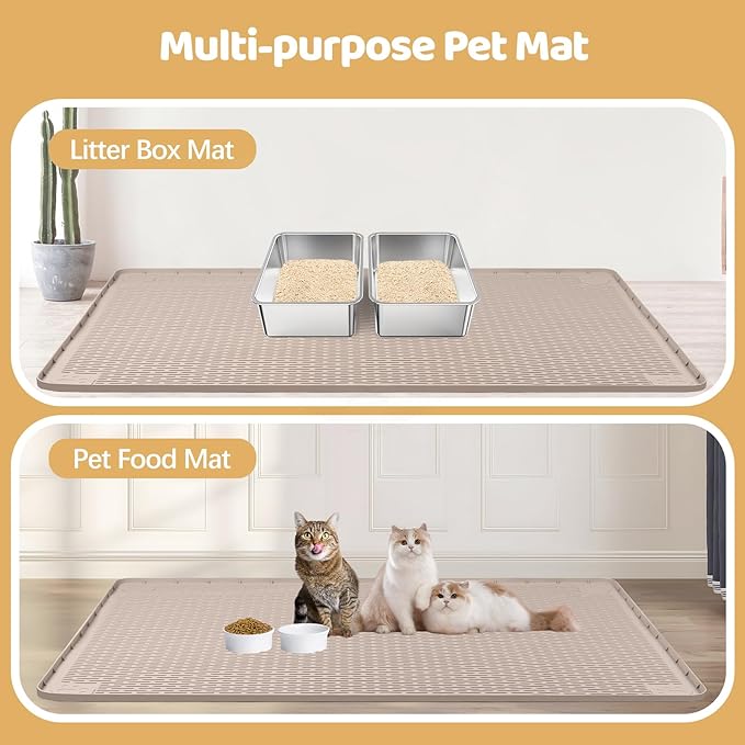 Cat Litter Mat, XXL Extra Large 50" x 35" Silicone Mat Litter Trapping Mat for Scatter Control, Soft on Kitty Paws, Easy to Clean (Khaki)