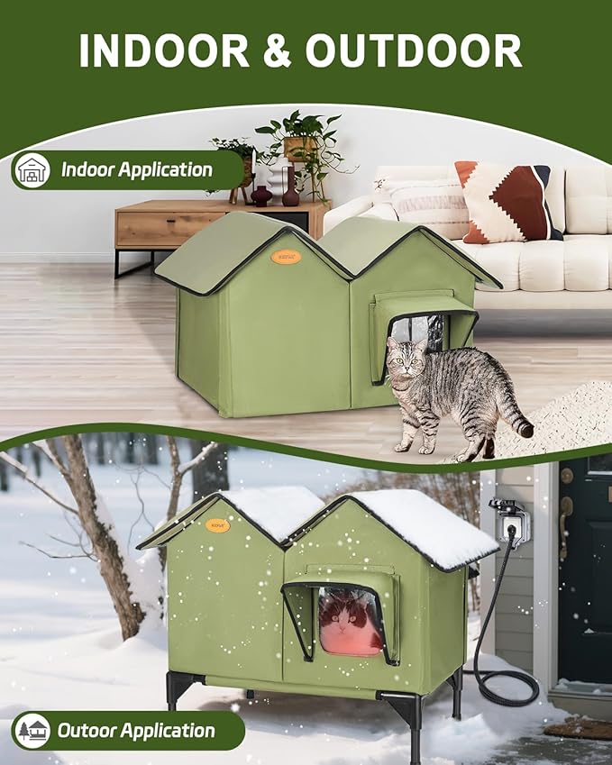 Heated Cat House for Outside Cats in Winter, Large Insulated Heated Outdoor Cat House Weatherproof with Elevated Base & Escape Door, Waterproof Cat Shelter for Multiple Cats Feral Stray Barn Kitty