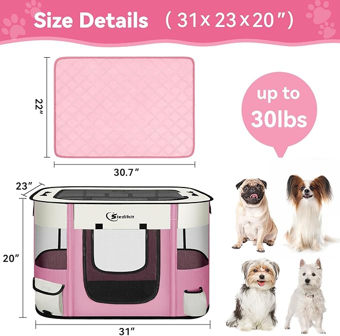 Dog Playpen,Cat Pet Puppy Pen,Portable Playpens for Dogs Indoor Outdoor Travel Camping Use,Foldable Dog Kennel Tent Crate for Rabbit Small Animals with Carrying Case (Pink with Pad, Medium)