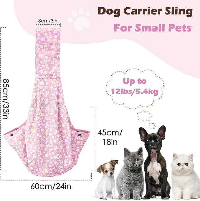 Pawaboo Small Dog Sling Carrier, Reversible Hands Free Dog Sling Carriers for Small Dogs and Cats, Puppy Slings Carrier with Safety Harness, Puppy Essentials, Pink Daisy