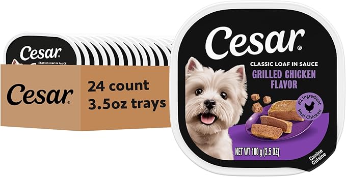 Cesar Classic Loaf in Sauce Adult Wet Dog Food Grilled Chicken Flavor, 3.5 oz. Easy Peel Trays, 24 Count (Pack of 1)