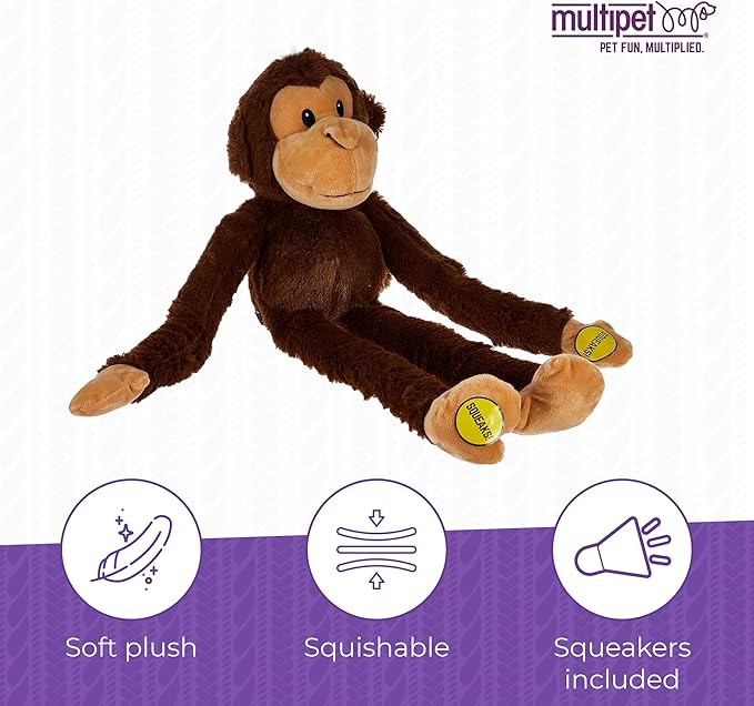 Multipet Swingin' Safari Monkey Dog Plush Toy - Squeaky Dog Toy for All Dogs - Extra Soft Plush Dog Toy - Stuffed Animal Dog Toy for Cuddling & Playing - Cute Dog Pet Toy (27”, Brown, 5 Squeakers)