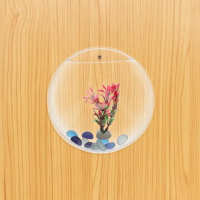 GANAZONO Wall Mounted Acrylic Fish Tank and Planter Bowl 9-inch Hanging Aquarium for Betta Fish with Hydroponic Plant Holder, Modern Wall Decor for Home and Office