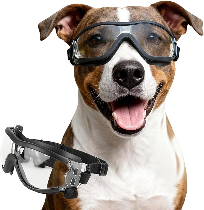 Enjoying Clear Dog Goggles for Medium to Large Dogs, Dog Sunglasses UV Protection, Large Dogs Driving Eye Protection, Windproof Dustproof Anti-Fog, Breathable, Adjustable Straps, Clear