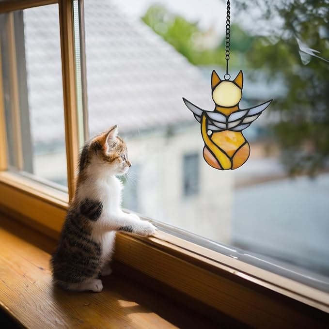 Handcrafted Stained Glass Orange Angel Cat Suncatcher - Pet Memorial Gift with Colorful Wings, Cat Lovers Sympathy Gift, Home Window Decor