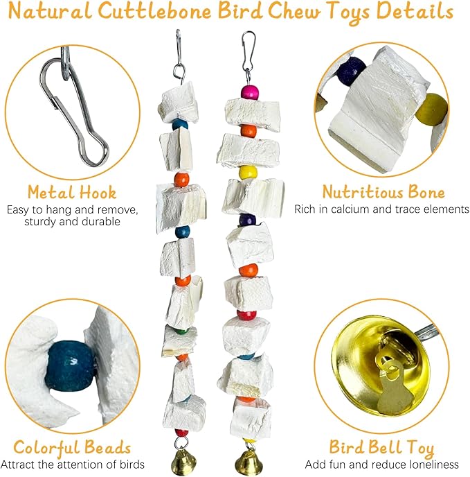 Hamiledyi 2 Pack Bird Toys with Eight Cuttlebone - Natural Calcium Chew Toy for Beak Grinding, Hanging Wooden Cage Accessories for Parakeets, Budgies, Cockatiels, Lovebirds(Style B)