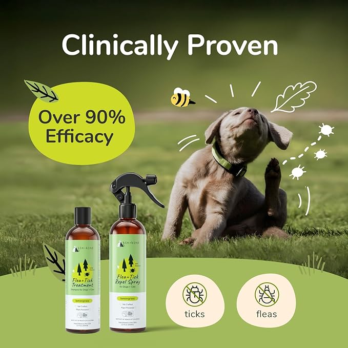 kin+kind Plant Based Flea Spray for Dogs and Cats – Essential Oil Formula with Lemongrass – Flea and Tick Prevention for Cats, Kittens, Puppies & Dogs - Pet Supplies - Family Safe – 12 fl oz
