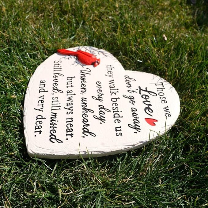 Heart Shaped Memorial Garden Stones, 10 inches Sympathy Garden Stone for Loved One, in Memory of Loved one Gifts, Resin Garden Stepping Stones Outdoor, Memorial Gifts (Heart Cardinal)