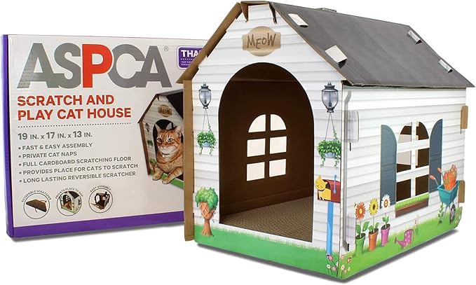 ASPCA Cardboard Cat House Hideaway Playhouse with Cat Scratcher Scratching Pad 19" L x 13" W x 17" H