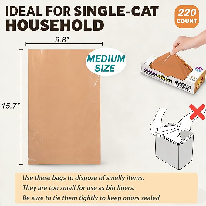 Odor-Sealing Cat Poop Bags M, 220 Count | Durable Unscented Waste Bags for Pet, Diaper, Ostomy & Food Waste Disposal (Brown)