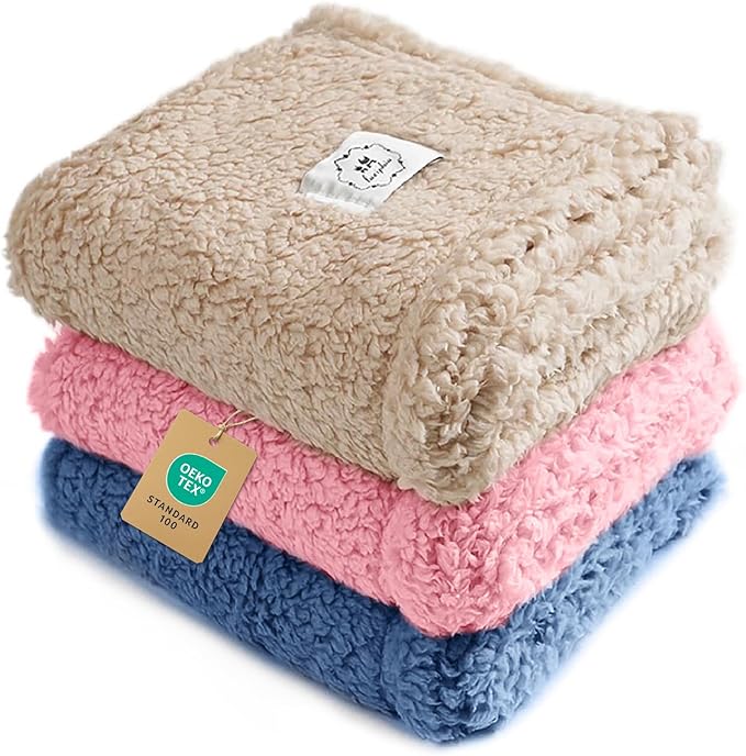 Luciphia 1 Pack 3 Calming Dog Blanket Fluffy Premium Fleece Pet Blankets Soft Sherpa Throw for Dogs Puppy Cat Beige/Pink/HazeBlue Medium (30" x20")