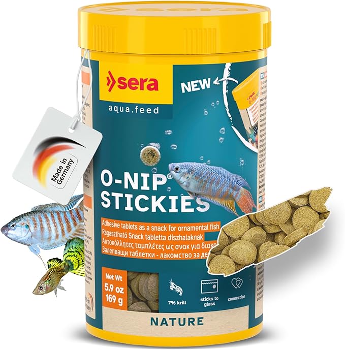 Sera O-Nip Stickies 265 Tabs 8.45 oz | Complete Feed for All Ornamental Fish | Adhesive Tablets Stick to The Aquarium Glass | High Protein | No Dyes & Preservatives | with Bloodworms, Krill & Tubifex