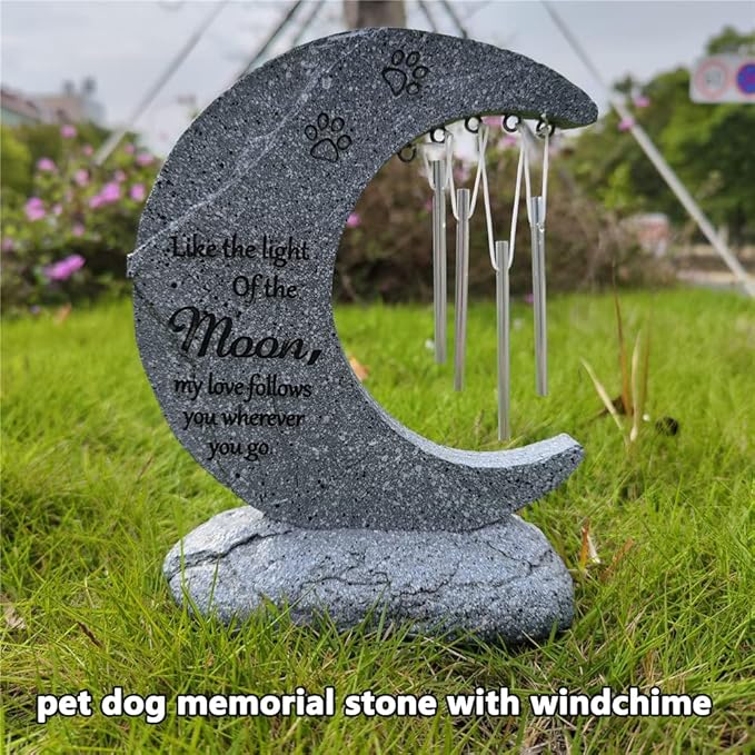 jinhuoba Moon Shaped Pet Memorial Stones for Dogs with Wind Chimes, Paw Prints Headstones Grave Stones for Loss of Pet Dog Memorial Gifts Sympathy Remembrance Gifts for Garden Backyard Patio or Lawn