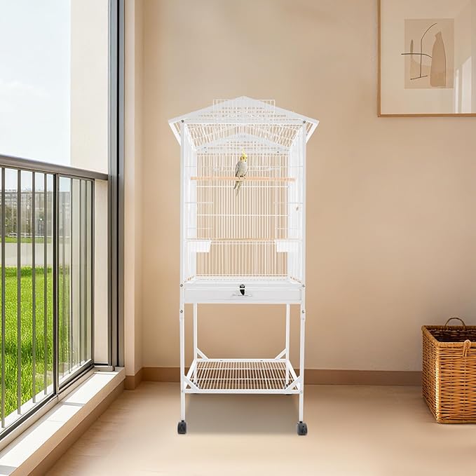 18x18x49 in Iron Flight Bird Cage, Freestanding Parakeet Bird Cage, Pigeons Parrot Birdcage, Large Parakeets Cage with 4 Universal Wheels, 3 Wooden Stands, 2* Feeding Cups and Slide-Out Tray (White)