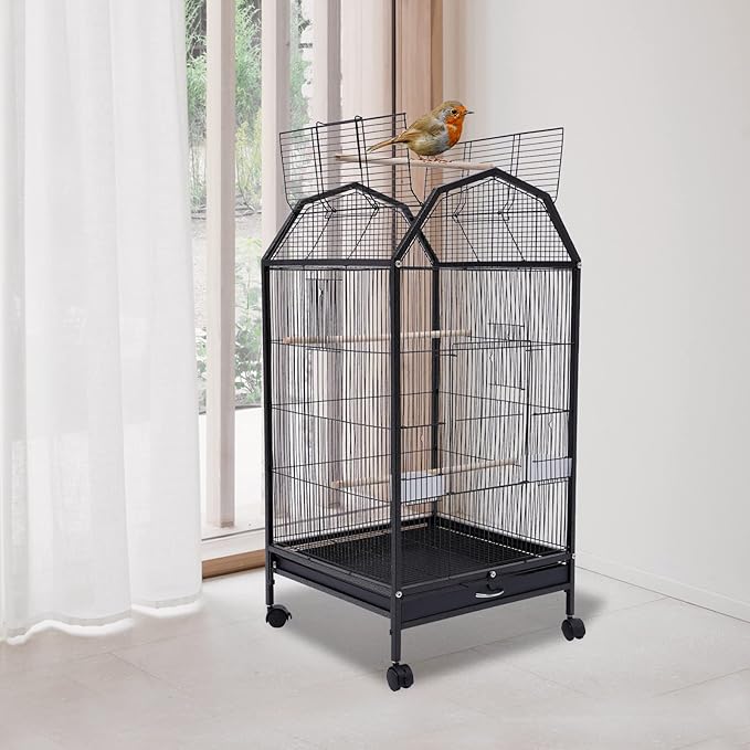 Parakeet Bird Cage with Stand, 39.9-Inch Large Bird Cages with 4 Universal Wheels and 2 Feeding Cups, Finch Bird Pet Bird Flight Cages, 360° Full Hollow Bird Cage for Cockatiel Conure Macaw Budgie