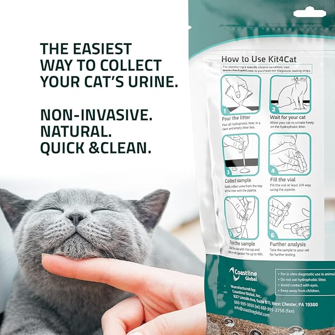 KIT4CAT 2lb Hydrophobic Cat Litter for Urine Sample Collection, Uniquely Made with Natural Sand - Keeps Liquid Clean and On Top | CheckUp on Your Cat's Wellness at Home (3 x 11oz Bags)