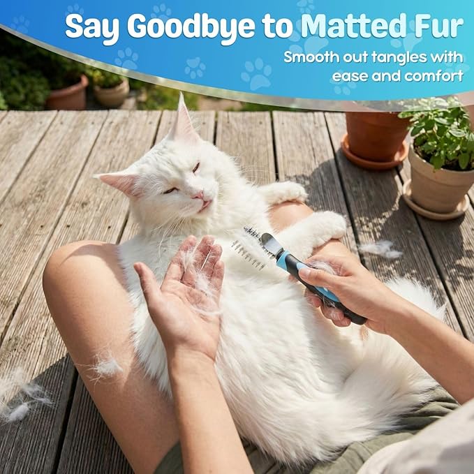 Flexzion Dogs Dematting Comb, Stainless Steel Blades Rakes, for Pets Cats Animals Matted Knotted Hair, Brush Cutting Removing Grooming Tool with Smooth Teeth Needle - Black & Blue Handle