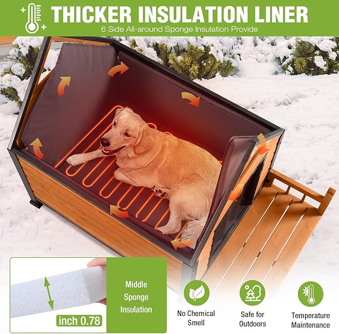 GUTINNEEN Outdoor Heated Dog House Anti-Bite Weatherproof Dog Kennel Puppy Shelter Indoor with Heating Pad, All-Around Insulated Liner and Porch for Large Breed, 45" D x 32.9" W x 32.6" H (Brown)