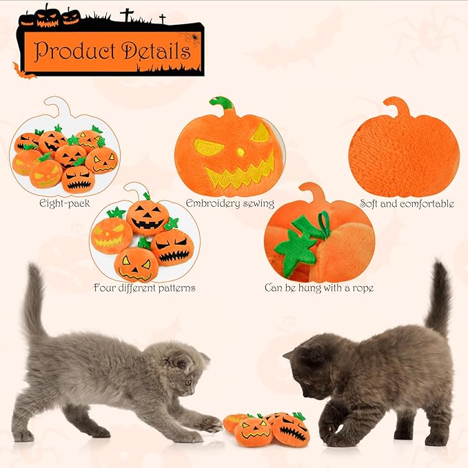 Halloween Pumpkin Toys for Cats Plush Teething Toys Featuring Pumpkin with Range Expressions Embroidery Designs Interactive Plush Toys for Kittens and Cats (8PCS)