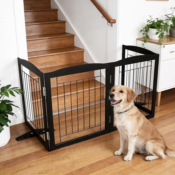ZJSF Freestanding Dog Fence Indoor, Foldable Dog Gate for Doorways, Stairs or Hallways, Sturdy Wood Extra Wide Pet Gate with Support Feet for The House, Black, 32 "Height-6 Panels