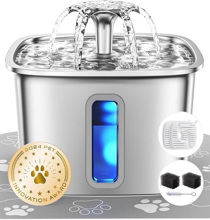 Veken Innovation Award Winner Stainless Steel Cat Water Fountain, 108oz/3.2L Automatic Pet Fountain Dog Water Dispenser with 2 PP Housing Replacement Filters & Silicone Mat for Cats, Dogs (Silver)